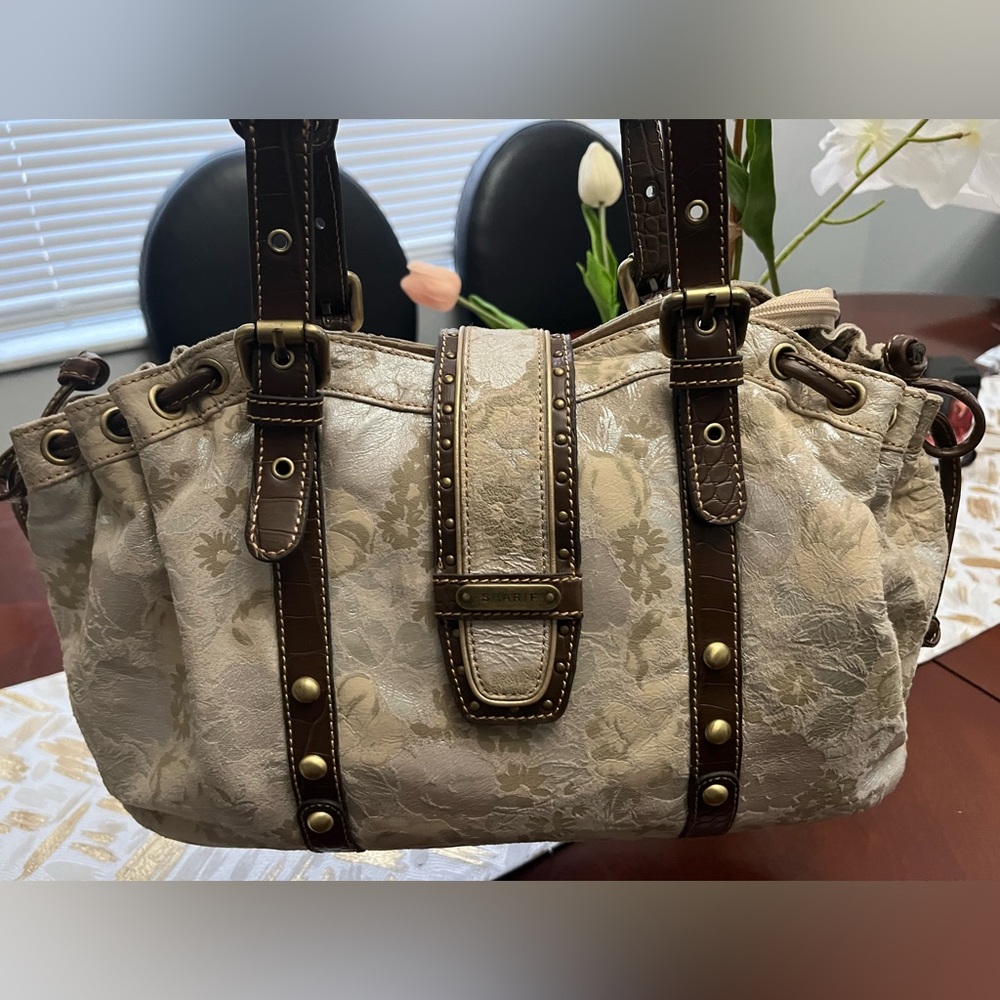 EUC Sharif Studio Leather Brown & Beige Shoulder Bag With Flowery Design